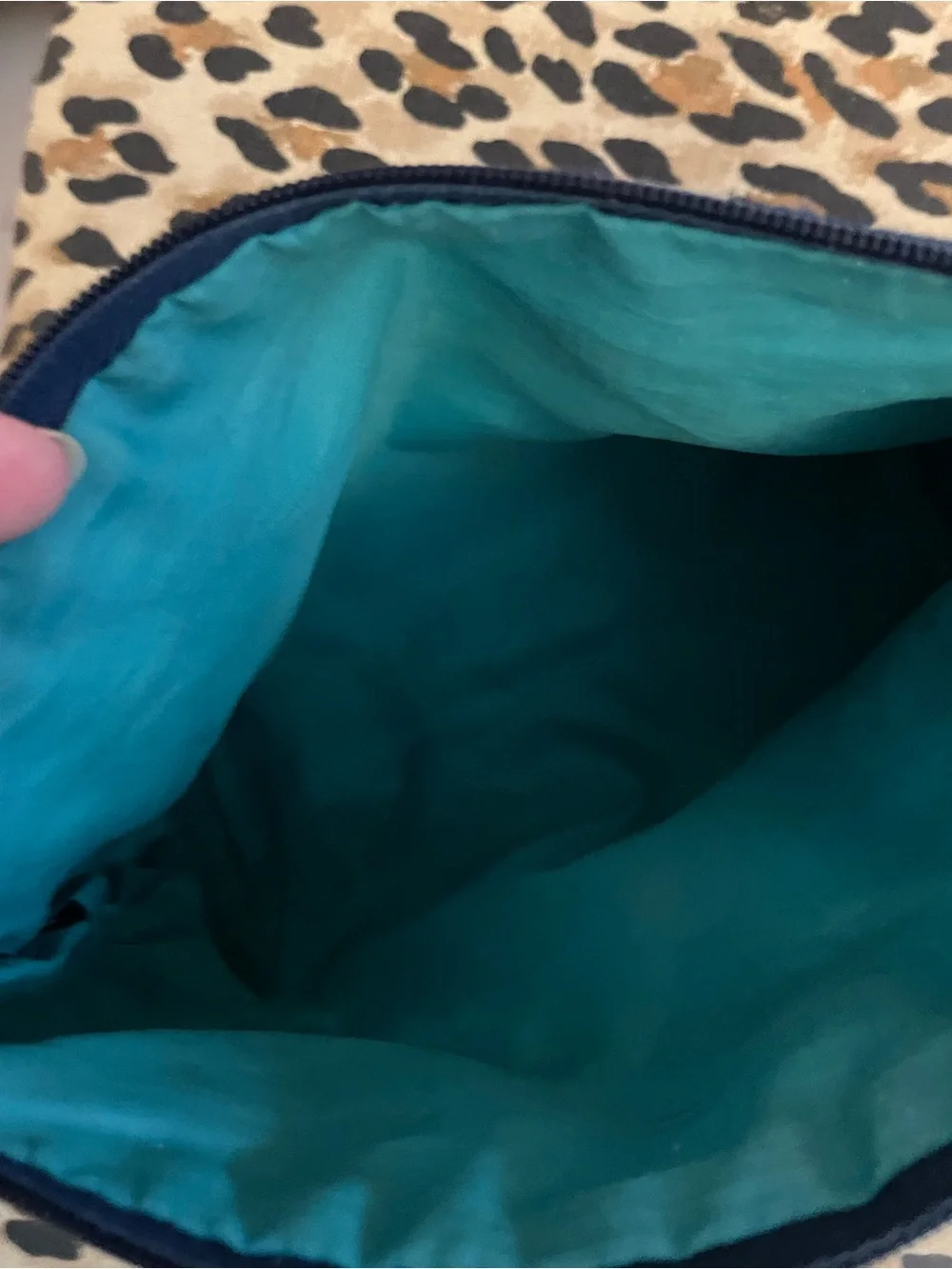 Jonathan Adler Teal and White Feather Print Pouch with zip 8.5 x 7”